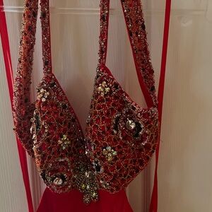 Red Beaded Halter Dress